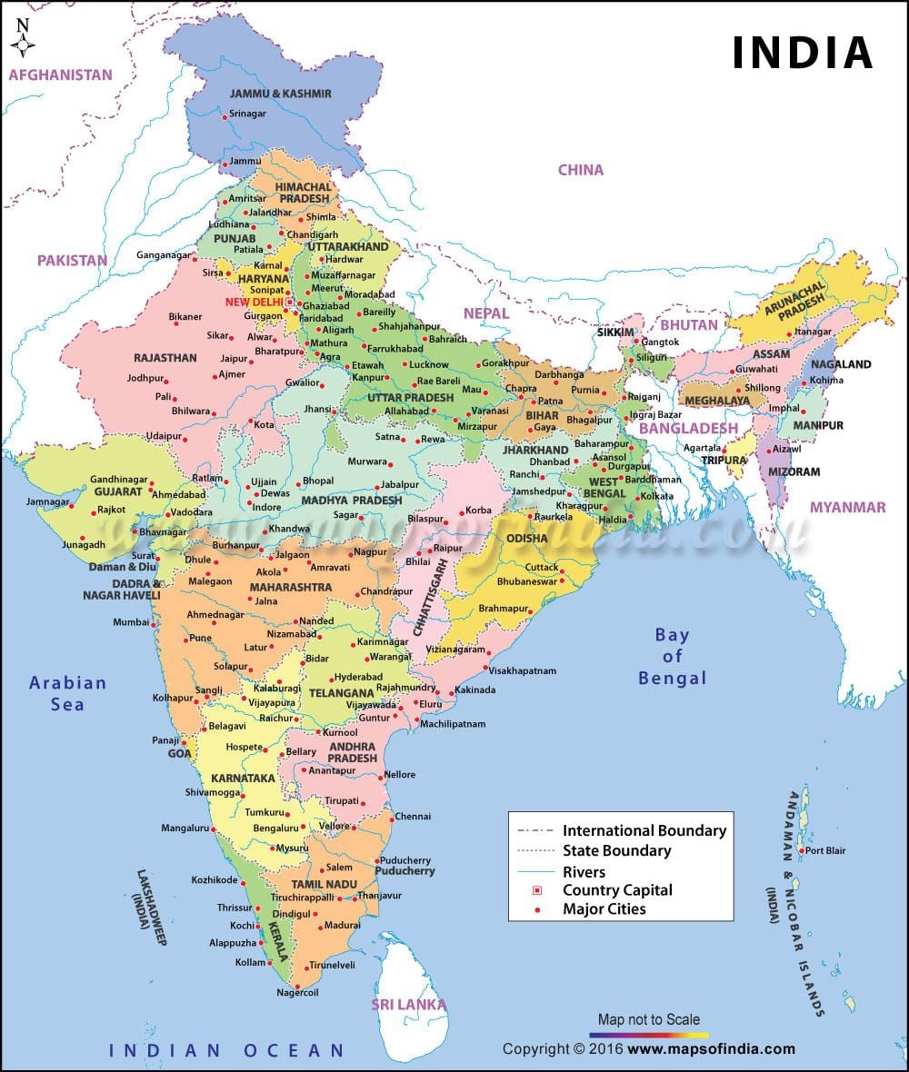 主要な港、インドの地図