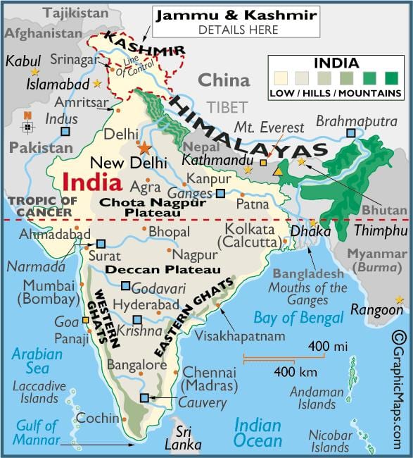 地図の山並みをインド